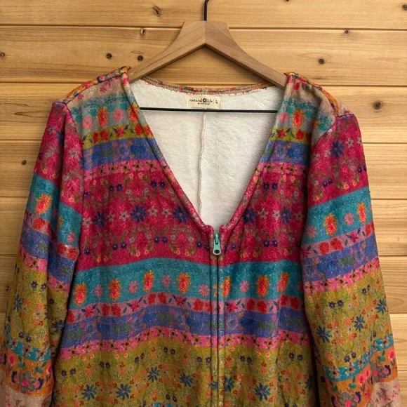 Natural Life Large Colorful Bohemian Fair Isle Print Fleece Zip Up One Piece PJ - Picture 5 of 9